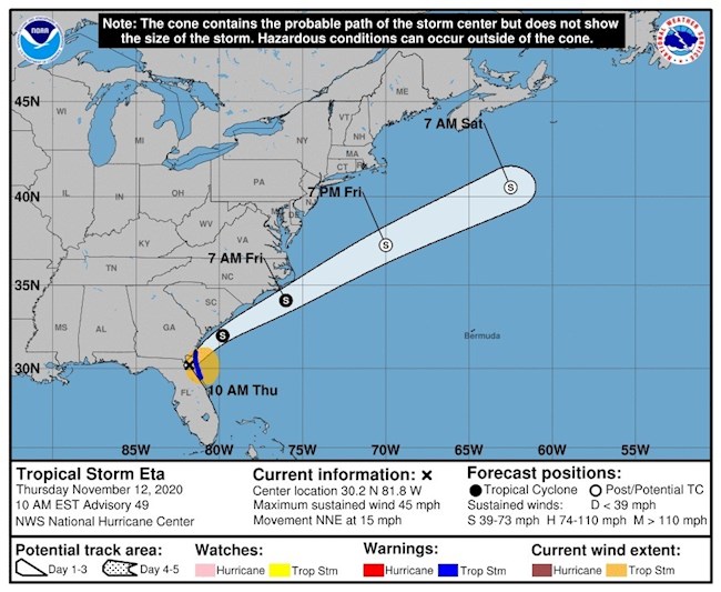 Gráfico cedido por el Centro Nacional de Huracanes (NHC) de Estados Unidos donde se muestra el pronóstico de trayectoria de tres días de la tormenta tropical Eta.