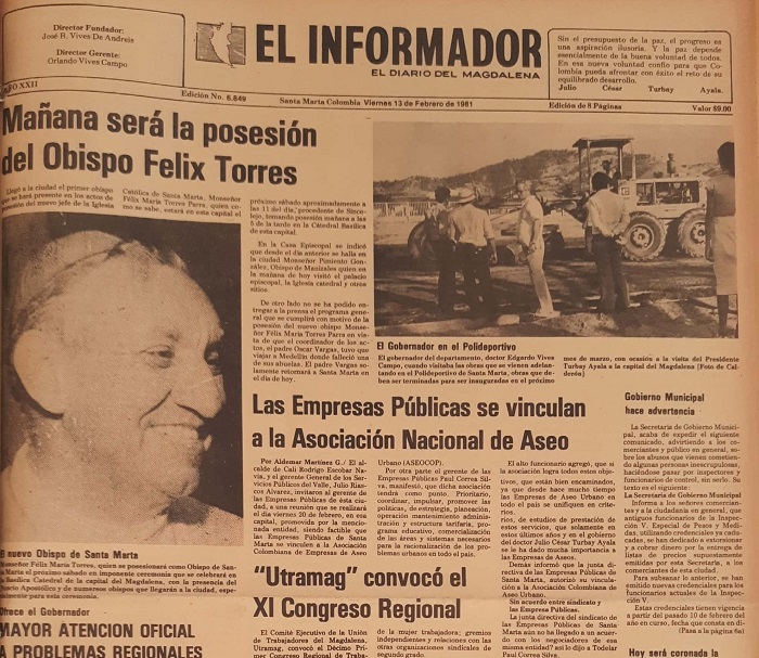 El obispo Félix Torres fue el primero en hacerse presente en los actos de posesión en Santa Marta, realizados en la Catedral en día sábado a las 5:00 p.m. con la presencia del Nuncio Apostólico y numerosos obispos de Colombia que llegaron a la ciudad. 