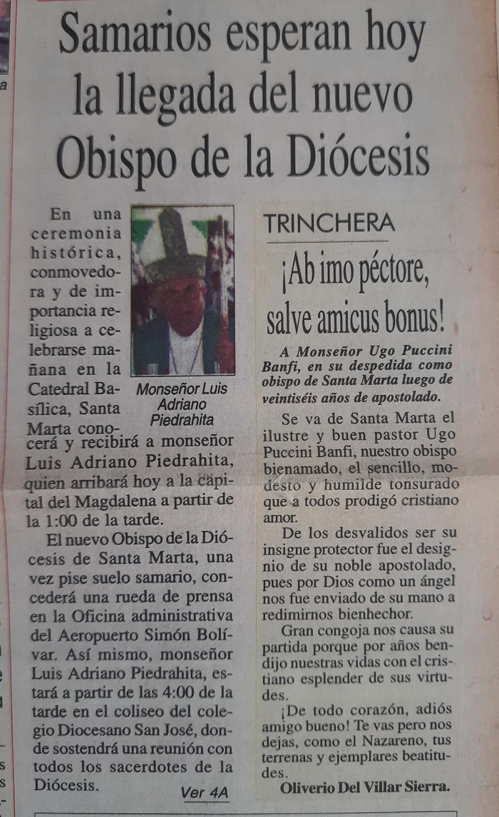 A su llegada a Santa Marta, monseñor Luis Adriano concedió una rueda de prensa en la oficina administrativa del Aeropuerto Simón Bolívar.