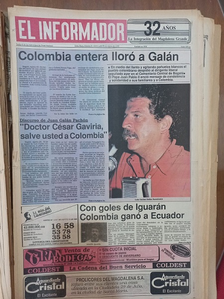 Así registró EL INFORMADOR en su portada del lunes 21 de agosto de 1989, el día en que Galán fue sepultado, momento en el que además, Juan Manuel Galán le pidió a Cesar Gaviria tomar las banderas del país.