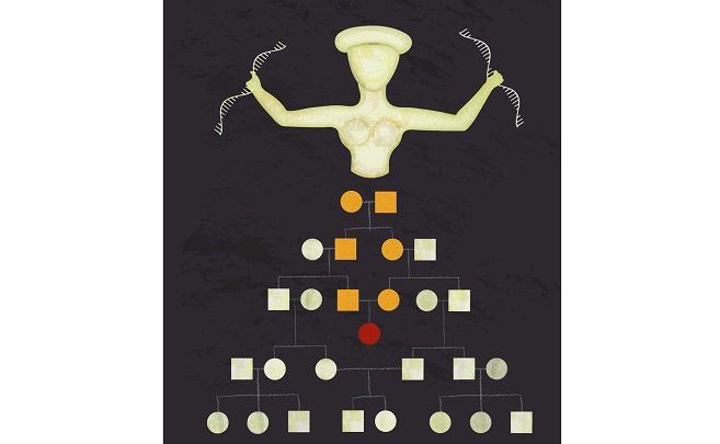 Representación artística de una diosa minoica sosteniendo cadenas de ADN en lugar de serpientes para ilustrar la investigación sobre endogamia entre primos hermanos y primos segundos en la Edad del Bronce egea. 