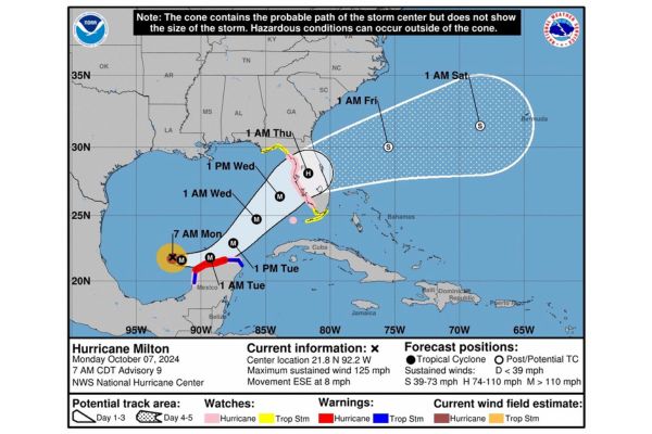  Imagen cedida por el Centro Nacional de Huracanes (NHC) estadounidense este lunes donde se muestra el pronóstico de cinco días del paso del huracán Milton en el Golfo de México hacia Florida. Milton se ha fortalecido rápidamente y se ha convertido en un huracán de categoría 4, en la escala Saffir-Simpson de un total de 5, con vientos máximos sostenidos de 240 kilómetros por hora (150 millas), según el Centro Nacional de Huracanes (NHC). 