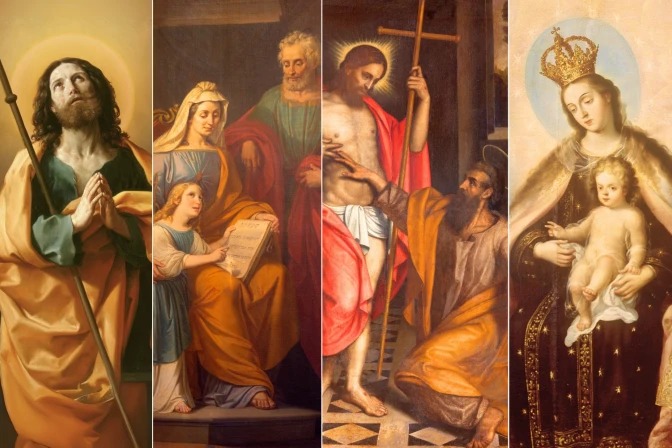 Santiago Apóstol (Dominio público), San Joaquín y Santa Ana junto a la Virgen María (Shutterstock), Santo Tomás Apóstol y Jesús (Shutterstock), la Virgen del Carmen (Dominio público)