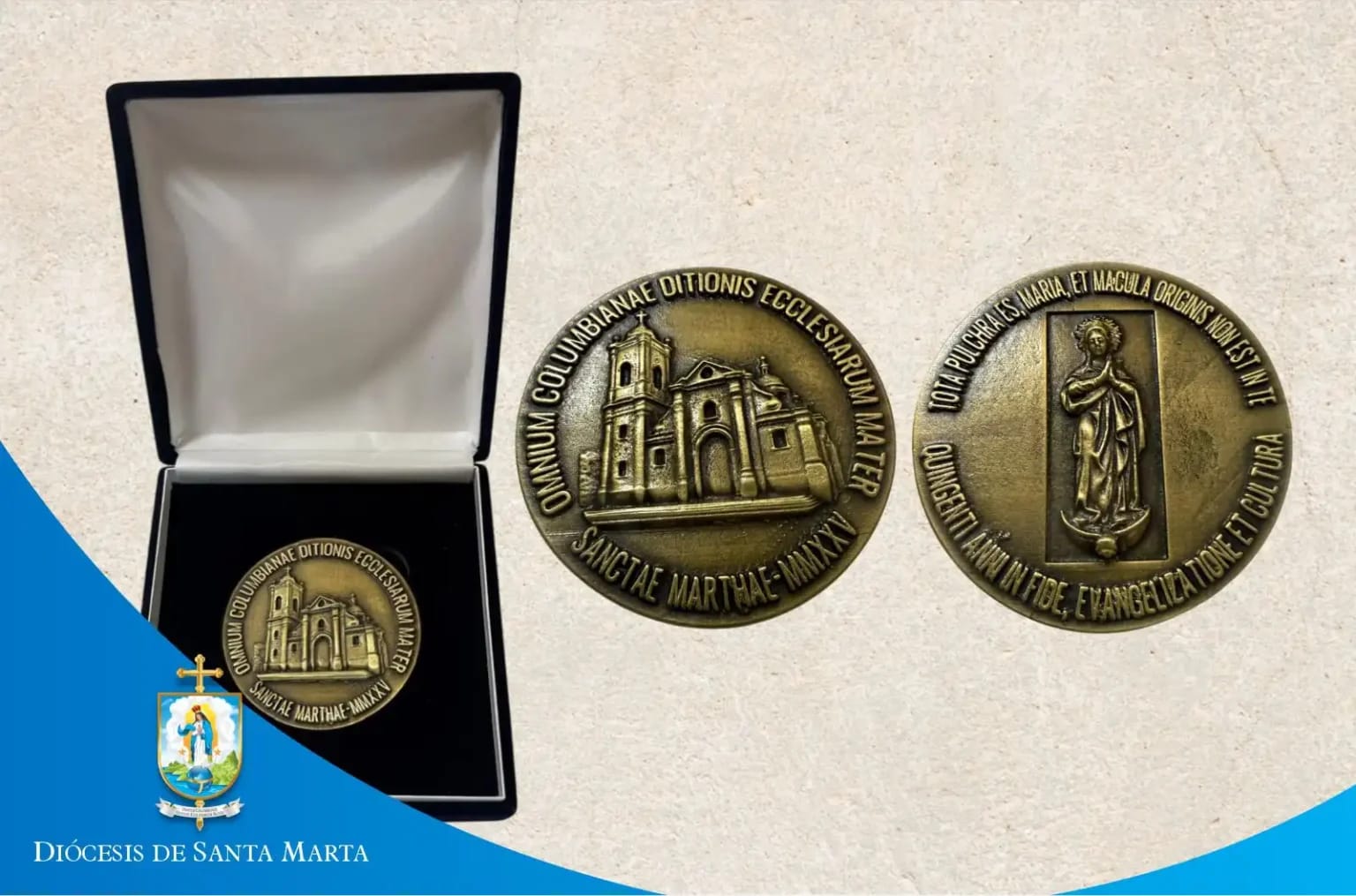 Imagen de la medalla que lanzó la Diócesis de Santa Marta en conmemoración de los 500 Años de la ciudad. Foto Diócesis de Santa Marta