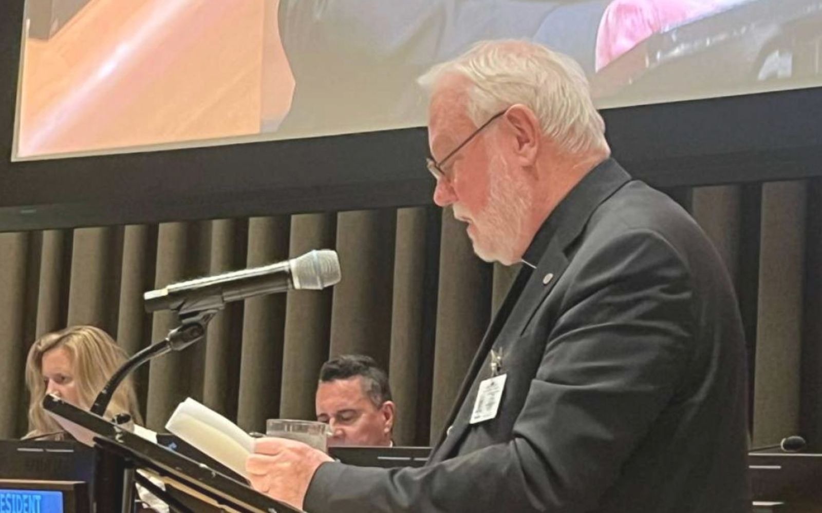 Mons. Gallagher durante su discurso ante las Naciones Unidas con sede en Nueva York. | Crédito: Misión Permanente de la Santa Sede ante las Naciones Unidas