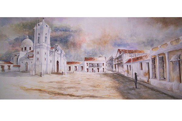 Plaza de la Catedral Basílica de Santa Marta antes del terremoto de 1834, con el estilo de construcción colonial. Pintura histórica 