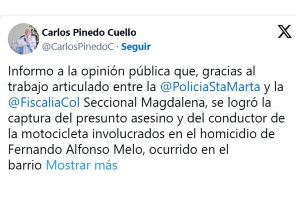 Captura X de las declaraciones del alcalde Carlos Pinedo Cuello, confirmando la acción de la Policía Metropolitana