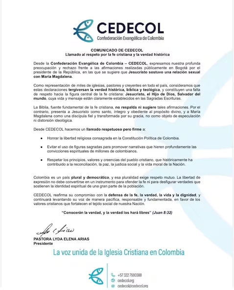 Comunicado de la Confederación Evangélica de Colombia ante las polémicas declaraciones del presidente Gustavo Petro. Foto CEDECOL Facebook
