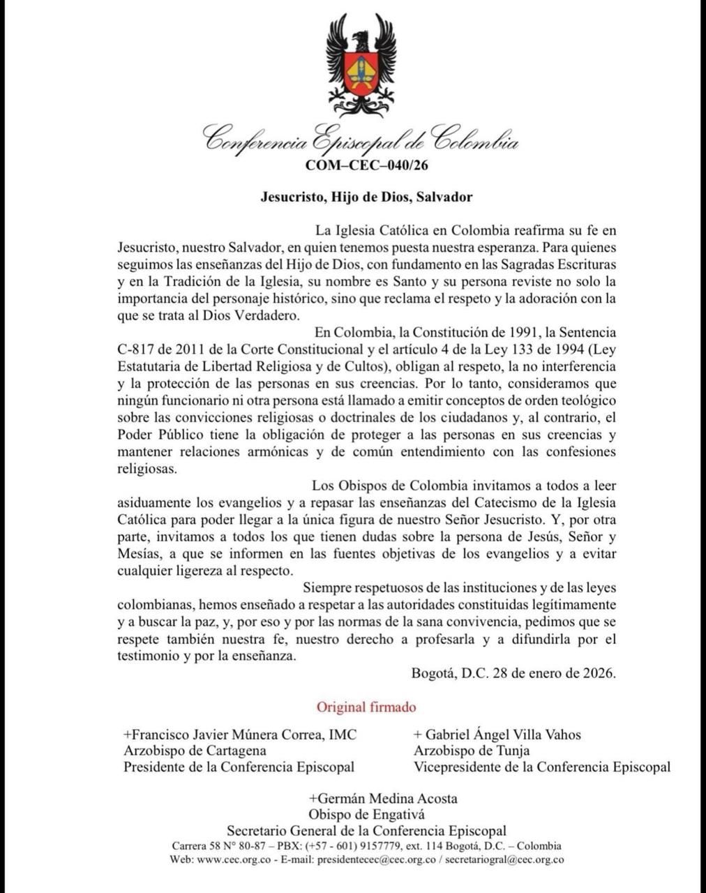 Comunicado de la Conferencia Episcopal Colombiana. Foto CEPAL