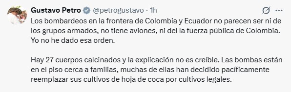 Foto captura de la cuenta de X del presidente de Colombia Gustavo Petro.