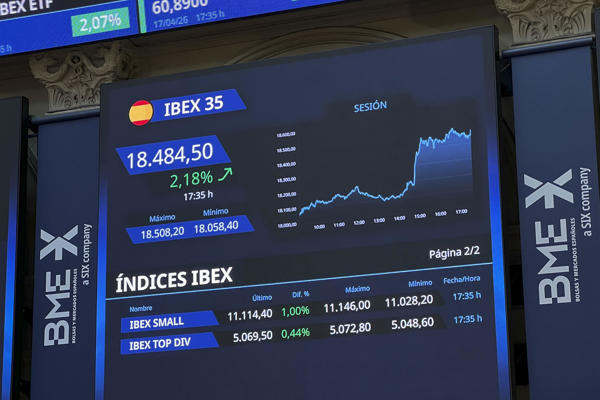  La Bolsa española ha subido este viernes un 2,18 % y roza máximos históricos en una jornada marcada por el anuncio iraní de la total reapertura del estrecho de Ormuz hasta el miércoles, coincidiendo con el fin del alto el fuego acordado con Estados Unidos. EFE/ Altea Tejido
