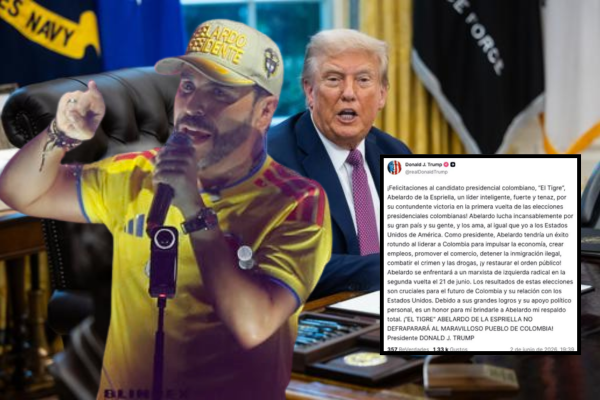 Fondo: El presidente de Estados Unidos, Donald Trump, habla con los medios durante una conferencia de prensa en la Oficina Oval de la Casa Blanca en Washington, DC, EE.UU. Foto: EFE/EPA   Foto 1: El candidato de ultraderecha Abelardo de la Espriella, habla al final de la jornada electoral este domingo, en Barranquilla (Colombia). EFE Foto 2: Captura de pantalla red social Truth 
