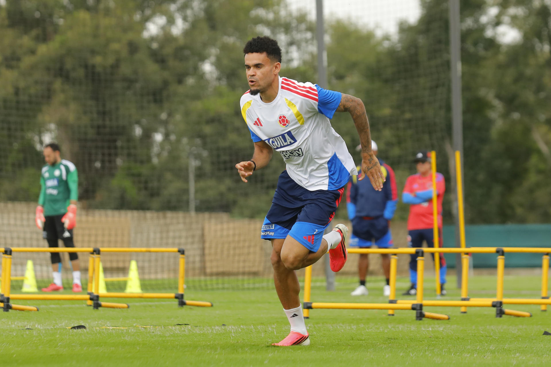El jugador de la selección de Colombia, Luis Diaz, durante el entrenamiento que el combinado colombiano ha realizado en la Academia Atlas este domingo en Guadalajara, Jalisco (México). EFE/ Francisco Guasco