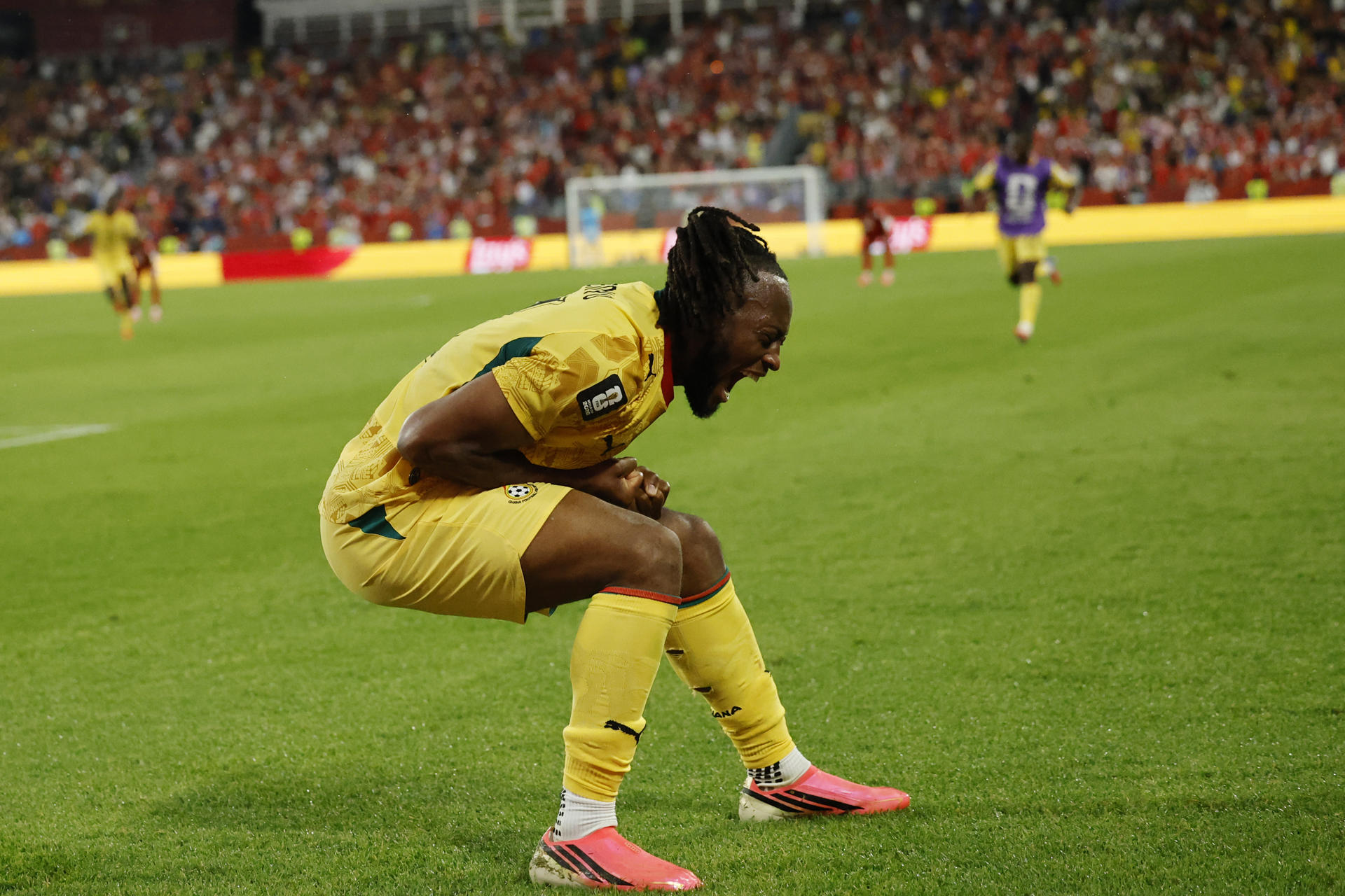 Antoine Semenyo de Ghana celebra un gol este miércoles, en un partido del grupo L del Mundial de la FIFA 2026 entre Ghana y Panamá en el estadio BMO en Toronto (Canadá). EFE/ Bienvenido Velasco