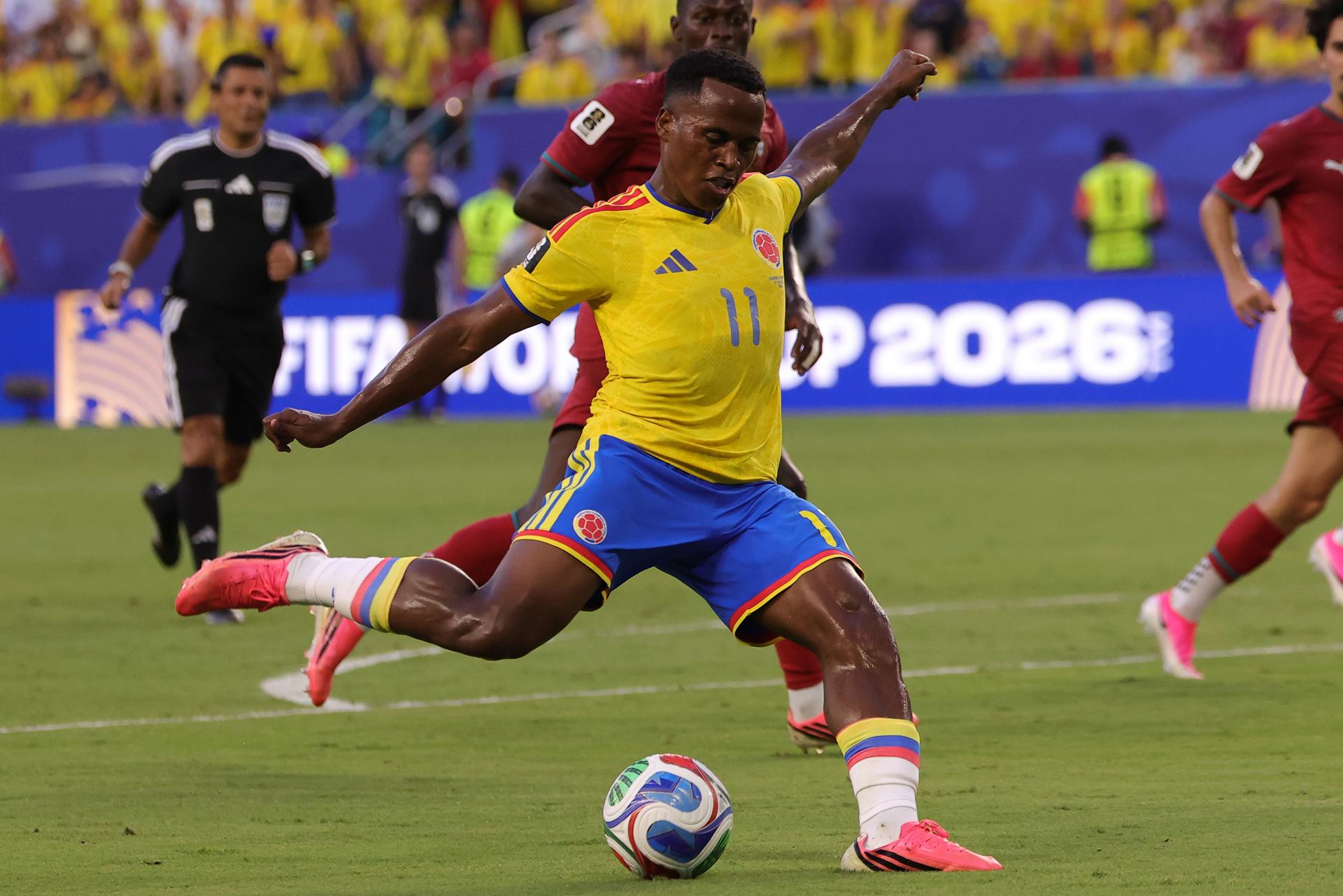 Jhon Arias de Colombia en acción durante el partido de la fase de grupos de la Copa Mundial de la FIFA 2026 entre Colombia y Portugal en Miami, Florida, EE. UU., el 27 de junio,