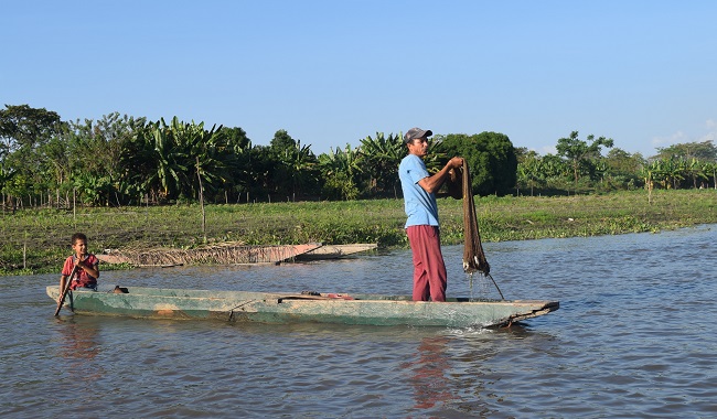 Un hombre pesca con un chinchorro desde una canoa junto con su hijo en el río Magdalena, a la altura del brazo de Mompox.
