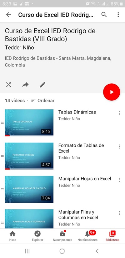 Curso de Excel a través de videos de YouTube para los estudiantes de octavo grado de la IED Rodrigo de Bastidas. 