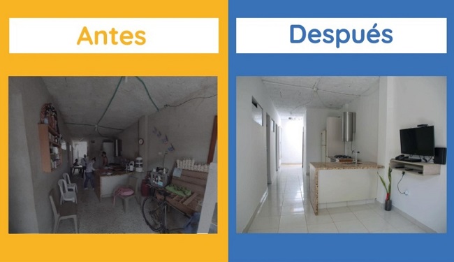 Antes y después de una vivienda cuya familia fue beneficiada con el subsidio de Casa Digna, Vida Digna. 