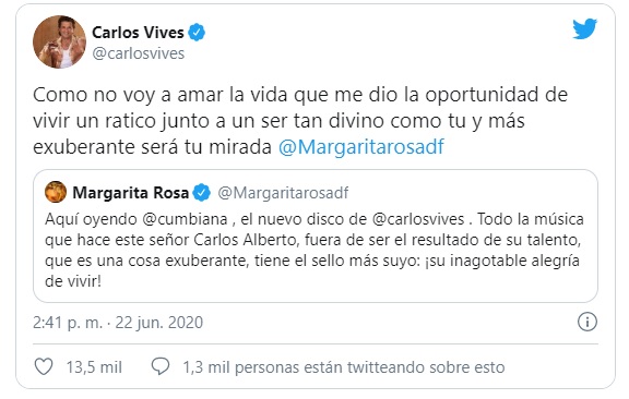 Este fue el trino de respuesta de Carlos Vives para lo escrito por la actriz y presentadora Margarita Rosa de Francisco.