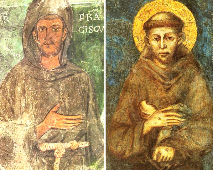 Los retratos más antiguos de San Francisco se encuentran en Italia, en el monasterio benedictino de Subiaco. El primero (izquierda) presenta a San Francisco sin aureola ni estigmas. El segundo fresco (derecha) se halla en la Basílica inferior de Asís.