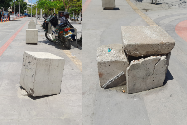 (Dos fotos con una misma leyenda): Así se encuentran los adoquines del camellón de El Rodadero, en su mayoría por ser tomados como vacas por los mismos ciudadanos.