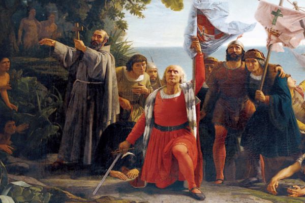 La llegada de Cristóbal Colón al Caribe, en 1492, abrió el camino para que las potencias europeas atlánticas conquistaran amplios territorios del continente americano. Pintura de Dióscoro Puebla (Exposición Nacional de 1862, Medalla de Primera clase).