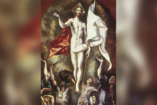 Vista parcial, superior, del cuadro la Resurrección de Jesucristo de El Greco en el Museo Nacional del Prado.