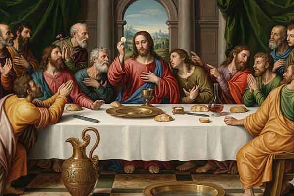 Fieles católicos participan en la Misa de la Cena del Señor, una de las celebraciones más representativas del Jueves Santo, en la que se recuerda la Última Cena y el gesto de humildad de Jesús al lavar los pies a sus discípulos. Foto generada por IA 
